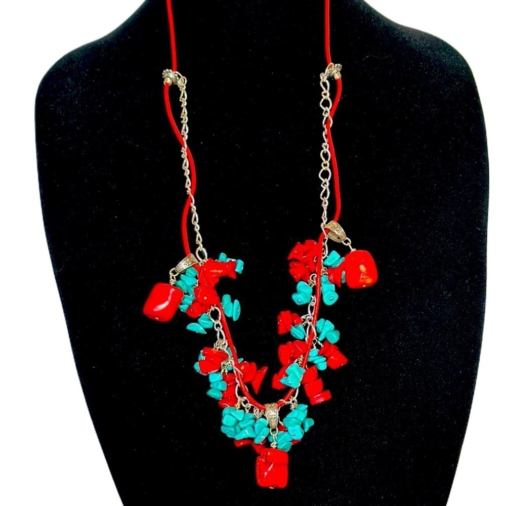TURQUOISE CORAL Genuine Vinyl Cord & Silver Tone Chain Boho